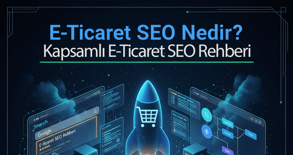 E-ticaret SEO kavramını, arama motoru sonuç sayfalarını, site mimarisini, teknik SEO'yu ve içerik pazarlamasını temsil eden, organik trafik artışını gösteren bir roket ikonu ve modern şehir silueti içeren dijital illüstrasyon.