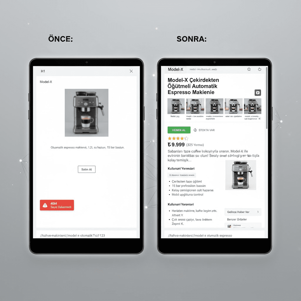 [Görsel 4: Önce ve sonra şeklinde iyi optimize edilmiş bir ürün sayfası ekran görüntüsü]