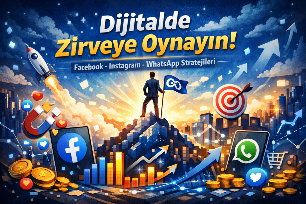 Meta reklam hizmetleri için hazırlanan, zirveye çıkan iş insanı figürlü; Facebook, Instagram ve WhatsApp logolarını içeren dijital pazarlama kapak görseli