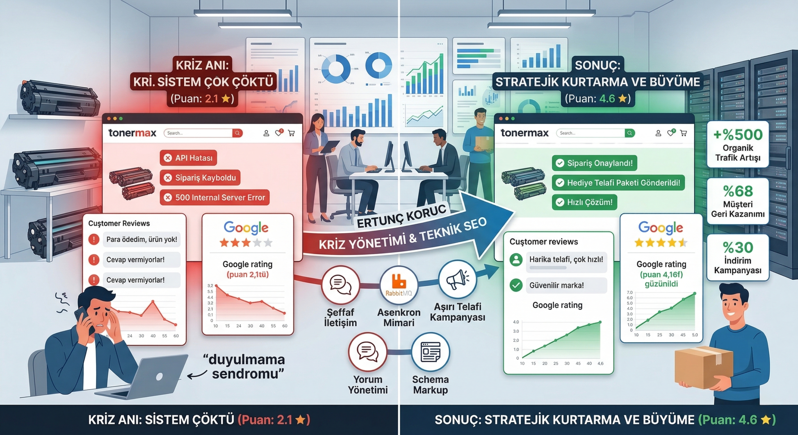E-Ticaret Kriz Yönetimi ve Teknik SEO Infografik - Tonermax Vaka Analizi