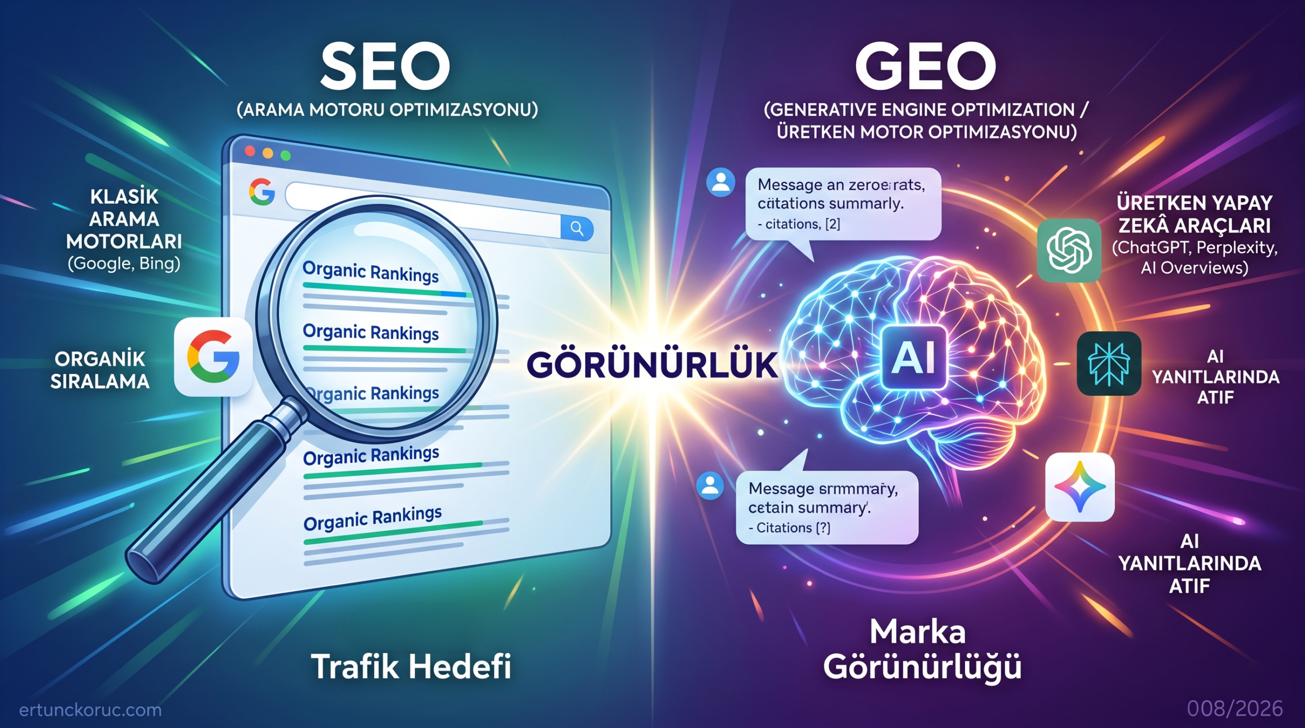 Yapay zeka destekli arama ve GEO görseli